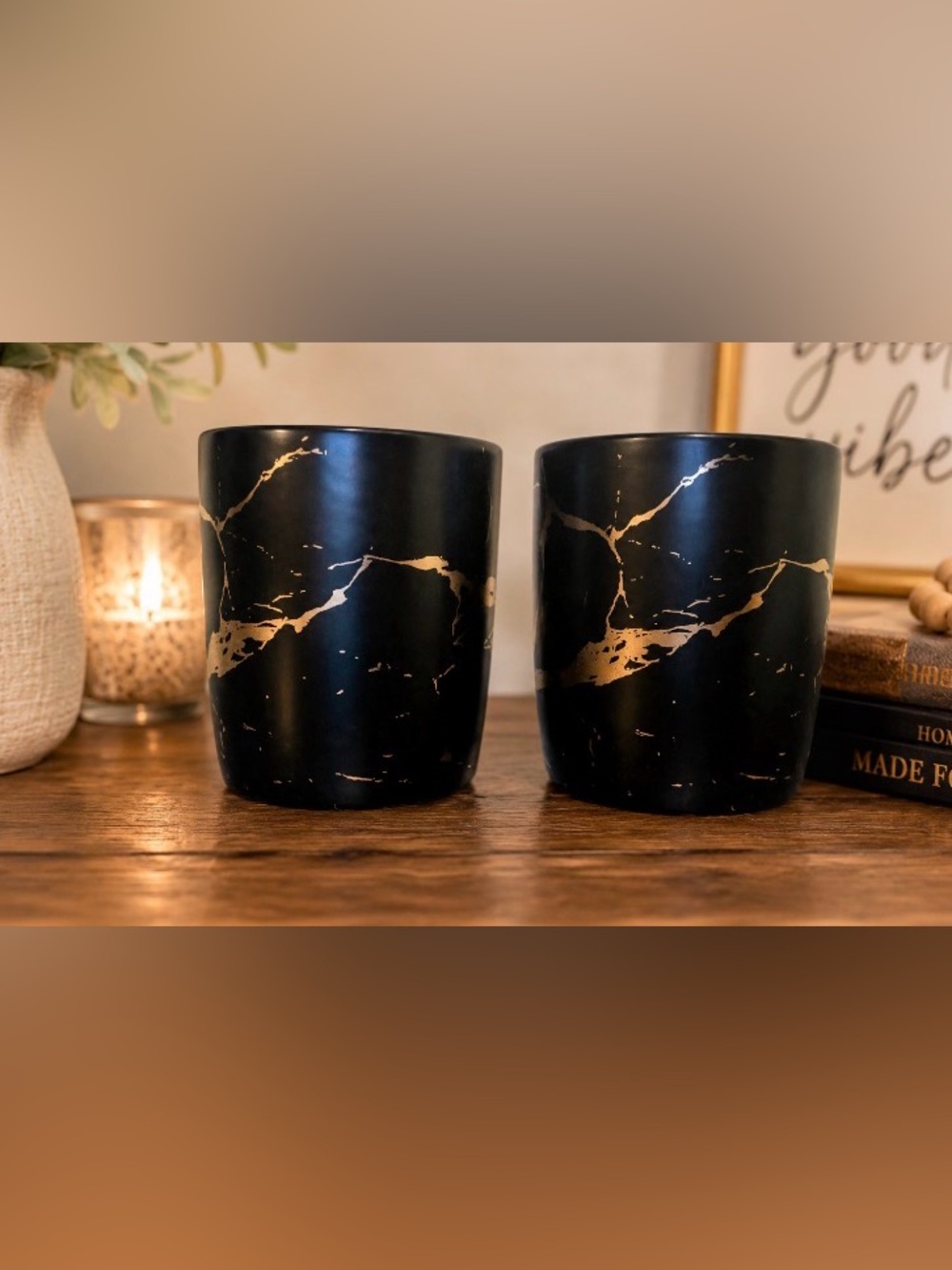 Two Matte Ceramic Marbleize Coffee tea mugs, Luxury Gold Inlay black gold marble